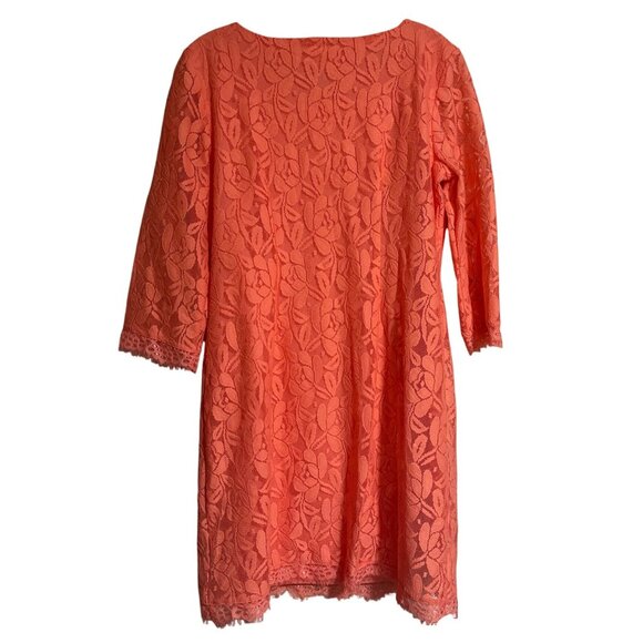 London Times Coral Lace Floral Dress Size 8 3/4 Sleeve Scoop Neck Fully Lined - Picture 2 of 6